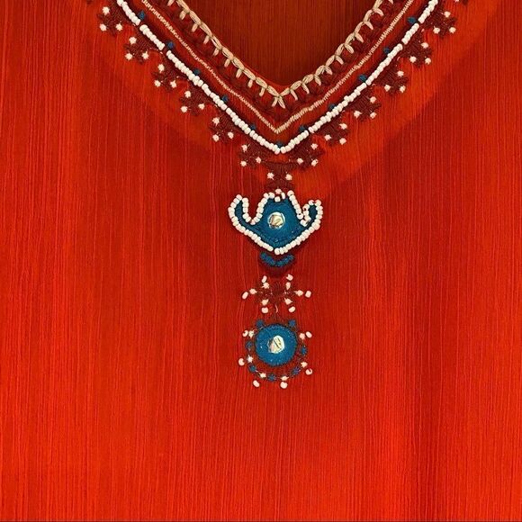 Anthropologie Harper S Sheer Orange Cowboy Western Beaded Flared Sleeve Tunic - Picture 5 of 10